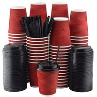 NYHI Set of 100 Red Disposable Paper Cups with Black Lids and Straws (10-oz) | Ripple Insulated Kraft for Hot Drinks - Tea & Coffee | Triple Layer Design | Eco- Friendly, Recyclable, Durable Paper