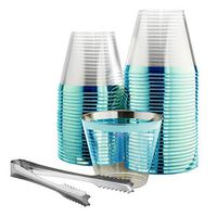 100 Teal Rimmed Plastic Cups and 1 Silver Ice Tong Set - 9 Ounce Disposable Wine Glasses - Plastic Cocktail Glasses - Fancy Clear Plastic Cups - Teal Party Decorations - Mermaid Party Supplies