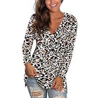 Meikosks Ladies Leopard Print T Shirt V Neck Long Sleeve Tops Basic Tunic Side Split Blouses White