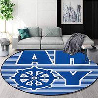 RUGSMAT Ahoy Its A Boy Modern Machine Washable Round Bath Mat,Ahoy Written with Nautical Wheel Striped Nursery Wall Art Design Non-Slip Soft Floor Mat Home Decor,Round-71 Inch Blue Pale Blue White