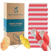 Paper Straws – Eco Friendly Paper Straws – Red Stripe Premium Designs – Box of 200 – Also Includes 10 Paper Cocktail Umbrellas (Red Striped Paper Straws)