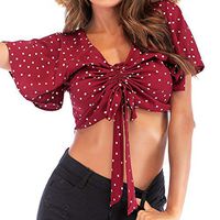 Haalife◕‿ Women Summer T-Shirts Crop Tops Knot Front Short Sleeve Deep V Neck Casual Red