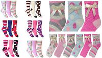 Cozy Thermal Crew Socks Cushioned Fluffy Stripes & Polka Dots (Pastel & Dark Shades 6 Pairs Assorted)