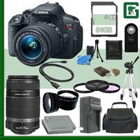Canon EOS Rebel T5i Digital SLR Camera Kit with 18-55mm STM Lens and Canon 55-250mm STM Lens + 64GB Green's Camera Package 1