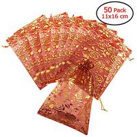 Schliersee Organza Gift Bags 4x6 Inchs Gold Red Rose Wedding Favor Bags Drawstring Gift Bags Sheer Organza Favor Bags Pack of 50