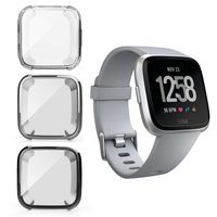 Suoman 3-Pack Compatible Fitbit Versa Case, Soft Plated TPU All-Around Protective Bumper Cover Case for Fitbit Versa Smartwatch, (Not Fit for Versa Lite), Black+Silver+Clear