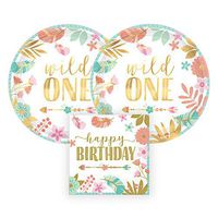 Amscan Wild One Gold Metallic First Birthday Party Paper Plates and Paper Napkins, 16 Servings, Bundle- 3 Items