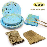 MMTX 120pcs Disposable Dinnerware Set, Golden Dot Tableware Party Supplies, 24 Dinner Plates, 24 Salad Plates, 24 Napkins, 24 Forks, 24 Knives for Wedding Birthday Anniversary Party-Blue&Gold