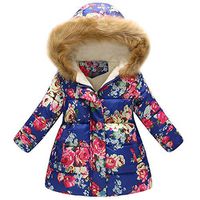 Baby Girls Floral Pattern Hooded Snowsuit Winter Warm Light Fur Collar Hooded Down Windproof Thick Jacket Outerwear Blue