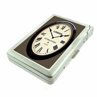 Cigarette Case with Built in Lighter Vintage Clock Time Piece S4 Smoking King Size Cigarettes Silver Metal Wallet 4" X 2.75" RFID Protection