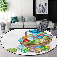 RUGSMAT Easter Round Kids Rugs,Basket of Colorful Ornamental Eggs with A Blue Ribbon Spring Season Easter Holiday Learning Carpet Non Skid Nursery Kids Area Rug for Playroom,Diameter-31 Inch