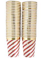 50 Disposable Christmas Cups 9 oz. Paper in Elegant Candy Cane Striped Design with Gold Foil Outline and Scattered Snowflakes for Holiday Party Supplies