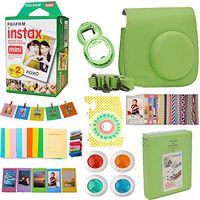 Fujifilm Instax Mini Instant Film (Twin Packs 20 Pictures) + Green Case, Selfie Lens, Colored Filters, Frames, Stickers and More Accessories Bundle for Mini 9 8 7 Green Camera