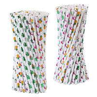 Cooraby 150 Pack Hawaiian Tropical Party Paper Straws Flamingo Pineapple Cactus Coconut Tree Palm Leaf Biodegradable Environment Friendly Drinking Straw for Party Favors