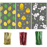 LOKIPA 150 Easter Bunny Cellophane Party Bags Treat Candy Bags with 300 Pieces Twist Ties for Kids Easter Parties and Treats