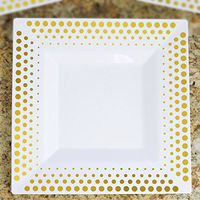 Tableclothsfactory 50 Pcs - White with Gold 10.75" Square Disposable Plastic Plate - Hot Dots Collection