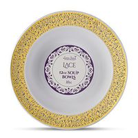 [10 Count - 12 Oz Bowls] Laura Stein Designer Tableware Premium Heavyweight Plastic White Soup Bowl With Gold Designed Border, Party & Wedding Plate lace Series Disposable Dishes