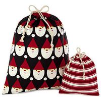 Hallmark Drawstring Christmas Gift Bag Set (2 Fabric Bags with Drawstrings; 1 Medium 10", 1 Extra Large 20") Santa, Red and White Stripe