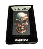 Zippo Custom Lighter - American Flag on Skull - Regular Black Matte