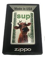 Zippo Custom Lighter -"Sup" Cow with Weed Pot Leaf in Mouth Marijuana Design