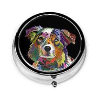 New Silver Round Pill Box，Australian Shepherd Portable Decorative Metal Medicine Vitamin Organizer Storage Travel Pill Case Holder .Unique Gift-Compact 3 Compartment