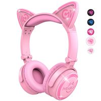 MindKoo Bluetooth Headphones, Over-Ear Wireless Headphones, Cat Ear Headphones with LED Light, Foldable, Built-in Microphone and Volume Control for PC/Cell Phones/Kids/Teen/Boys/Girls/Adults, Pink