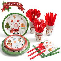 Christmas Paper Plates and Napkins for 24 Guests in White and Red Santa Reindeer, 24 Dinner Plates 24 Dessert Plates 24 Napkins and 24 Sets of Plastic Cutlery