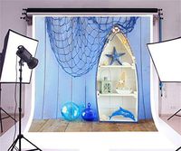 Baocicco 5x5ft Marine Backdrop Wood Backdrop Boy Birthday Babyshower Room Decor Backdrop Ship Shape Shelf Sailboat Starfish Dolphin Fishing Net Balls Wooden Wall Floor Children Photography Background