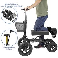 Clevr Quad All Terrain Foldable Medical Steerable Knee Walker Scooter, Black, Walking Aid Roller for Foot Injuries, Height Adjustable Crutch Alternative, Deluxe Brake System & Basket
