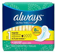 Always Pads Size 1 Ultra Thin Fresh 16 Count Regular (6 Pack)