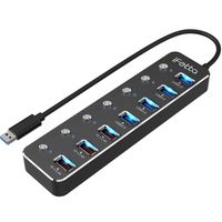 Power USB 3.0 Hub, 7 Port 36W (12V/3A) USB Data Hub Splitter with USB 3.0 SuperSpeed Transfer and Smart Charging Ports and Individual Power Switches for Your Desktop (Black)