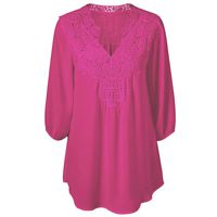 CCOOfhhc Women's Summer 3/4 Sleeve Embroidery Neck Casual T-Shirts Basic Flowy Blouse Swing Hem Tee Shirt Hot Pink