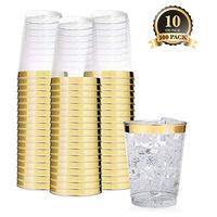 Clear Plastic Disposable Party Cups (100 Count) 10 Oz Gold Rim Cups - Fancy Reusable Plastic Tumblers, Gold, 10 Ounce