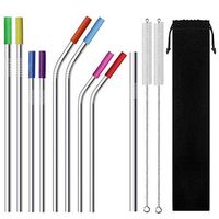 Eskyhouse Stainless Steel Straws 9 Pcs Variety Reusable Metal Drinking Straws With Smooth-friendly Wide Diameter Straw For Yeti 20oz 30oz 40oz Tumblers with 8 Silicone Tips 2 Cleaning Brsuhes 1 Pouch