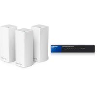 Linksys Velop Tri-band Whole Home WiFi Intelligent Mesh System, 3-Pack + Linksys 8-Port Metallic Gigabit Switch (SE3008) Bundle