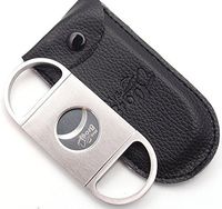 Mrs. Brog Stainless Steel Cigar Cutter with Back Protector - Round Ends - Leather Pouch - Guillotine Double Blade for a Precise Perfect Cut