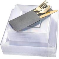 Square Plastic Plates with Gold Plastic Silverware, Plastic Dinnerware Set,Clear Square Plates,Linen Like Paper Napkin Elegant Grey Color, Great for Wedding, Party and Birthday, Supernal