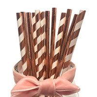 Rose Gold Paper Straws, Darinking Straws Metallic Foil Shining Rose Golden Paper Straws for Weddings and Birthdays Parties(Rose Gold Stripes & Plain Rose Gold Straws)