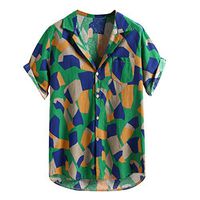 FONMA Mens Printed Hawaiian Cotton Linen Loose Short Sleeve Casual Buttons T Shirt Green
