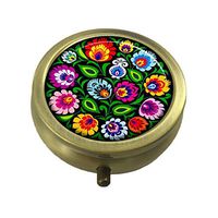 Guojew Polish Folk patters flower from Lowicz Region black Custom Fashion Round Pill Box Tablet Holder Pocket Purse Organizer Case Decoration Box
