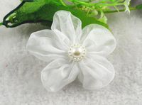 24 Pcs Organza Ribbon Flowers W/Beads Sewing Wedding Appliques Hot (White)