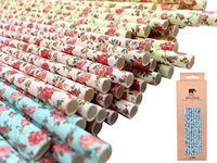JPACO Floral Paper Straws (75 Pack, Pink, Blue, Yellow) Vintage Flower & Rose Designs, Biodegradable Eco Friendly Disposable Party Straws for Party & Events