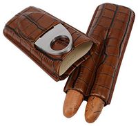 AMANCY 2 Tubes Genuine Brown Leather Cigar Case with Cutter Set