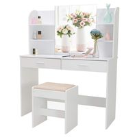 Large Vanity Set with Mirror & Cushioned Stool, Makeup Table Vanity Dressing Table, 2 Large Drawer, 6 Storage Shelves, for Bedroom, Bathroom, White