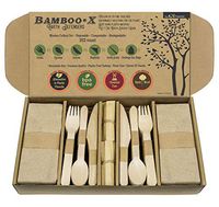 Bamboo -X Utensils Disposable Wooden Cutlery Set 252 Count: 50 Forks 50 Spoons 50 Knives 50 Compostable Brown Napkins 50 Bamboo Toothpicks 2 Biodegradable Trash Bags - Eco Friendly Utensils Set
