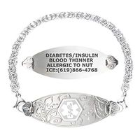 Divoti Custom Engraved Medical Alert Bracelets for Women, Stainless Steel Medical Bracelet, Medical ID Bracelet w/Free Engraving – Lovely Filigree Tag w/Handmade Byzantine -White-6.5"