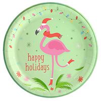 Pink Flamingo Holiday Cheer Tropical Christmas Party Supplies Dinner Plates - 16 Pack