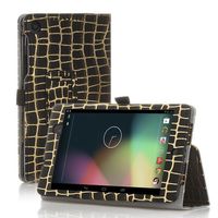 TNP Google Nexus 7 FHD 2nd Gen Case (Gold Stripe Black) - Slim Fit Synthetic Leather Folio Case Stand with Smart Cover Auto Sleep Wake Feature and Stylus Holder for Google Nexus 2 7.0 Inch 2013 Tablet