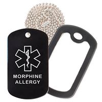 Morphine Medical Alert ID Necklace with Black Tag, Black Silencer, and 30'' USA Chain - 154 Color Choices