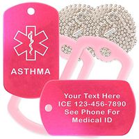 Custom 2 Pack - Asthma Medical Alert ID Necklaces with Pink Hot Custom Tags, Pink Silencers, and 30'' USA Chains